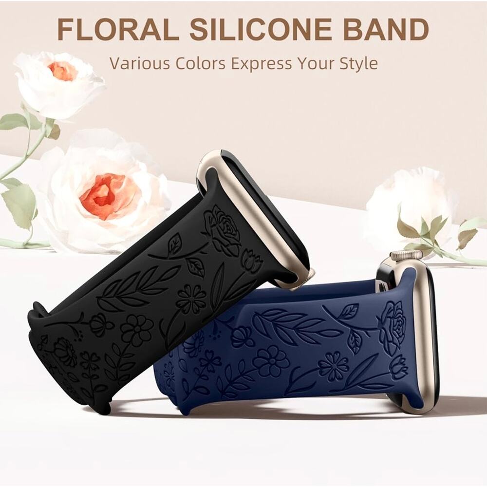 Unbranded Apple iWatch 9/8/7 SE Engraved Rose Floral 34mm‎ Silicone Watch Band - Picture 5 of 8